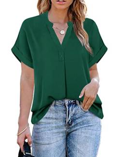 ANCAPELION Damen Sommer Bluse Fashion Tuniken Hemd Kurzarm Shirt Casual Oberteile Lose Fit Top V-Ausschnitt Tunika für Frauen Einfarbig Grün S von ANCAPELION