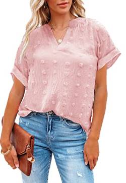 ANCAPELION Damen Sommer Bluse Fashion Tuniken Hemd Kurzarm Shirt Casual Oberteile Lose Fit Top V-Ausschnitt Tunika für Frauen Einfarbig Pink L von ANCAPELION