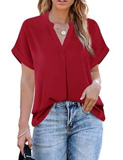 ANCAPELION Damen Sommer Bluse Fashion Tuniken Hemd Kurzarm Shirt Casual Oberteile Lose Fit Top V-Ausschnitt Tunika für Frauen Einfarbig Rot L von ANCAPELION