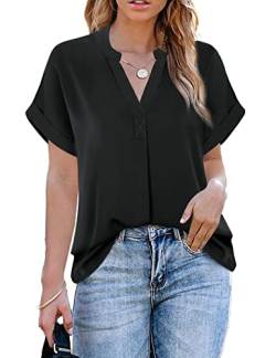ANCAPELION Damen Sommer Bluse Fashion Tuniken Hemd Kurzarm Shirt Casual Oberteile Lose Fit Top V-Ausschnitt Tunika für Frauen Einfarbig Schwarz L von ANCAPELION