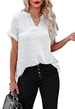 ANCAPELION Damen Sommer Bluse Fashion Tuniken Hemd Kurzarm Shirt Casual Oberteile Lose Fit Top V-Ausschnitt Tunika für Frauen Einfarbig Weiß L von ANCAPELION