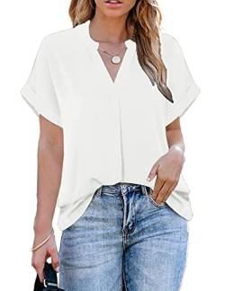 ANCAPELION Damen Sommer Bluse Fashion Tuniken Hemd Kurzarm Shirt Casual Oberteile Lose Fit Top V-Ausschnitt Tunika für Frauen Einfarbig Weiß M von ANCAPELION