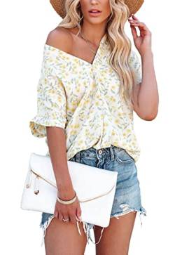ANCAPELION Damen Sommer Bluse Fashion Tuniken Hemd Kurzarm Shirt Casual Oberteile Lose Fit Top V-Ausschnitt Tunika für Frauen Gelb L von ANCAPELION
