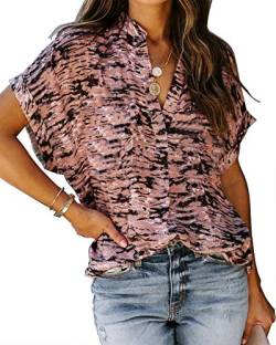 ANCAPELION Damen Sommer Bluse Fashion Tuniken Hemd Kurzarm Shirt Casual Oberteile Lose Fit Top V-Ausschnitt Tunika für Frauen Rosa Schwarze L von ANCAPELION