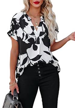 ANCAPELION Damen Sommer Bluse Fashion Tuniken Hemd Kurzarm Shirt Casual Oberteile Lose Fit Top V-Ausschnitt Tunika für Frauen Schwarz Weiß M von ANCAPELION