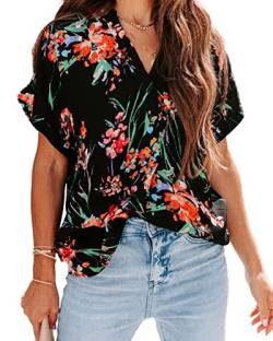 ANCAPELION Damen Sommer Bluse Fashion Tuniken Hemd Kurzarm Shirt Casual Oberteile Lose Fit Top V-Ausschnitt Tunika für Frauen Schwarze Blumen M von ANCAPELION