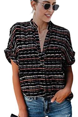 ANCAPELION Damen Sommer Bluse Fashion Tuniken Hemd Kurzarm Shirt Casual Oberteile Lose Fit Top V-Ausschnitt Tunika für Frauen Schwarze Streifen XXL von ANCAPELION