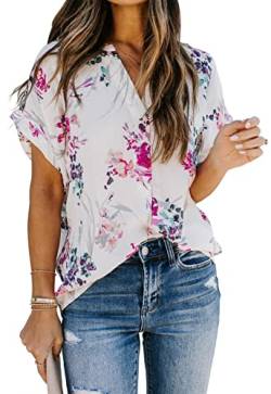 ANCAPELION Damen Sommer Bluse Fashion Tuniken Hemd Kurzarm Shirt Casual Oberteile Lose Fit Top V-Ausschnitt Tunika für Frauen Weiße Blume L von ANCAPELION