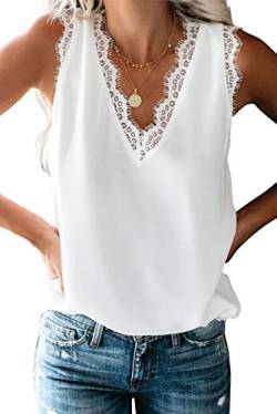 ANCAPELION Damen Sommer Weste Top Ärmellose Oberteile Chiffon Tank Tops Lace Shirt V-Ausschnitt Casual Lose Bluse für Frauen Weiß L von ANCAPELION