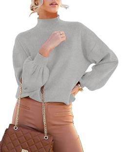 ANCAPELION Damen Strickpullover Rundhals Laterne Ärmel Pulli Casual Mock Rollkragen Pullover Dehnba Drop Shoulder Sweater Tops,099-Plain Grau L von ANCAPELION