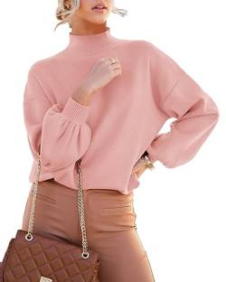 ANCAPELION Damen Strickpullover Rundhals Laterne Ärmel Pulli Casual Mock Rollkragen Pullover Dehnba Drop Shoulder Sweater Tops,099-Plain Rosa XL von ANCAPELION