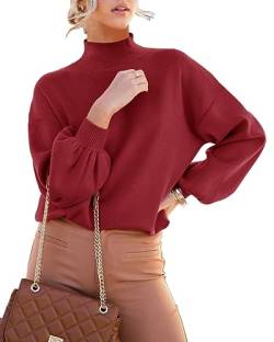 ANCAPELION Damen Strickpullover Rundhals Laterne Ärmel Pulli Casual Mock Rollkragen Pullover Dehnba Drop Shoulder Sweater Tops,099-Plain Rot XXL von ANCAPELION