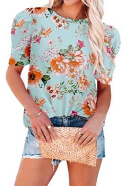 ANCAPELION Sommer Damen Bluse Leichte Chiffon Puff Kurzarm Hemd O-Ausschnitt Elegant Frauen T Shirt,B-Blume Blau Grün M von ANCAPELION