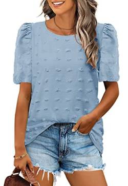 ANCAPELION Sommer Damen Bluse Leichte Chiffon Puff Kurzarm Hemd O-Ausschnitt Elegant Frauen T Shirt,B-POM Baby Blau S von ANCAPELION