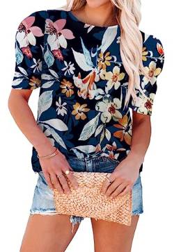 ANCAPELION Sommer Damen Bluse Leichte Chiffon Puff Kurzarm Hemd O-Ausschnitt Elegant Frauen T Shirt,Blau Blume XXL von ANCAPELION