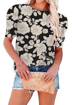 ANCAPELION Sommer Damen Bluse Leichte Chiffon Puff Kurzarm Hemd O-Ausschnitt Elegant Frauen T Shirt,Schwarz Weiß Blume L von ANCAPELION