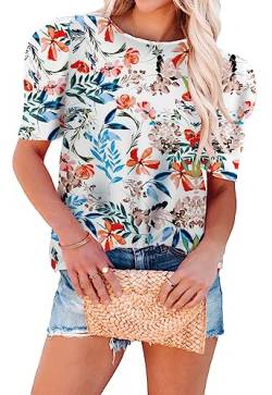 ANCAPELION Sommer Damen Bluse Leichte Chiffon Puff Kurzarm Hemd O-Ausschnitt Elegant Frauen T Shirt,Weiß Blume M von ANCAPELION