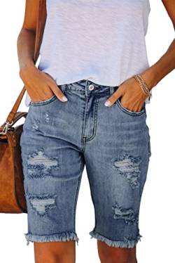 Ancapelion Damen Casual Denim Shorts Mid Waist Bermuda Jeans Shorts Raw Hem Ripped Hole Jeans mit Taschen, Ber-Blau, L von ANCAPELION