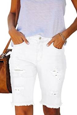 Ancapelion Damen Casual Denim Shorts Mid Waist Bermuda Jeans Shorts Raw Hem Ripped Hole Jeans mit Taschen, Ber-White, Medium von ANCAPELION