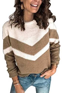 Ancapelion Damen Grobstrick Pullover Casual Stricken Sweater Lange Ärmel Pulli Farbblock Sweatshirt Elegant Jumper Rundhals Lose Oberteile Herbst Winter Outwear für Frauen,C-khaki,M von ANCAPELION