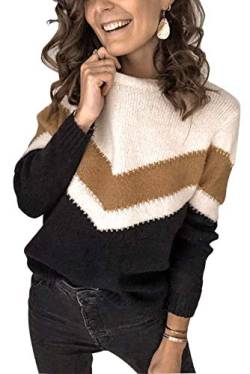 Ancapelion Damen Grobstrick Pullover Casual Stricken Sweater Lange Ärmel Pulli Farbblock Sweatshirt Elegant Jumper Rundhals Lose Oberteile Herbst Winter Outwear für Frauen,C-schwarz,M von ANCAPELION