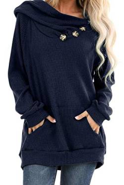 Ancapelion Damen Hoodie Gestrickt Pulli Pullover Langarm Oberteile Einfarbig Sweater Tunika Top mit Knopf Tasche,Blau,M von ANCAPELION