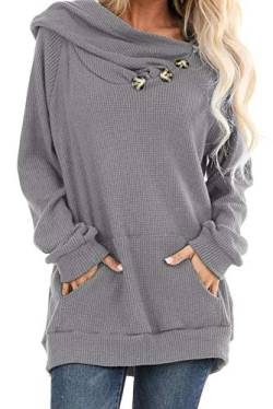 Ancapelion Damen Hoodie Gestrickt Pulli Pullover Langarm Oberteile Einfarbig Sweater Tunika Top mit Knopf Tasche,Grau,M von ANCAPELION