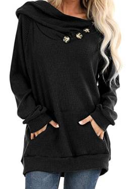 Ancapelion Damen Hoodie Gestrickt Pulli Pullover Langarm Oberteile Einfarbig Sweater Tunika Top mit Knopf Tasche,Schwarz,S von ANCAPELION