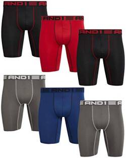 AND1 Herren Unterwäsche - Langes Bein Performance Kompression Boxershorts (6er Pack), Schwarz/Blau/Kohle/Rot, Large von AND1