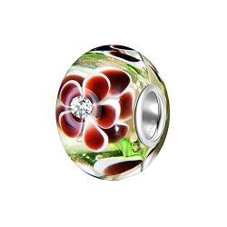 ANDANTE-Stones 925 Sterling Silber Glas Bead Charm Sealife (Creme mit braun-weißen Blumen und Zirkonia) Element Kugel für European Beads + Organzasäckchen von ANDANTE