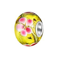 ANDANTE-Stones 925 Sterling Silber Glas Bead Charm Sealife (Neon-Gelb mit rosa Blumen) Element Kugel für European Beads + Organzasäckchen von ANDANTE
