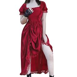 ANDGRO Gothic Kleidung Damen,Mittelalter Kleidung Damen Karneval Gotisch Kostüm Kurzarm Spitzenspleißkleid Renaissance Maxikleid Vintage Viktorianisches Kleider Hoftracht von ANDGRO