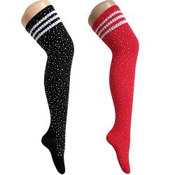 ANDIBEIQI 2 Pack Damen Kniestrümpfe Overknee Strümpfe Streifen Lange Socken Retro Knitting Strümpfe Mädchen Cheerleader Sportsocken Baumwollstrümpfe von ANDIBEIQI