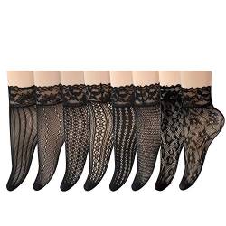 ANDIBEIQI 8 Paar Damen Fischnetz Söckchen Netz Socken Netzstrümpfe Kristall Spitze Socken Söckchen Transparente Lace Strumpf Spitzensocken Gothic Sommer von ANDIBEIQI