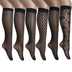 ANDIBEIQI Damen Netzstrumpf Kristall Spitze Socken 6 Paare Knee High Socks Lace Strumpf Spitzensocken Gothic Sommer Schwarz von ANDIBEIQI