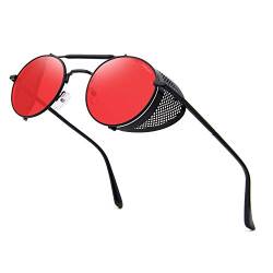 ANDOILT Steampunk Sonnenbrille Herren Damen Runde Retro Vitage Sonnenbrillen UV400 Schutz Metall Rahmen Schwarzer Rahmen Rot Linse von ANDOILT