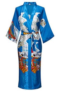 ANDOLLY Damen Kimono Robe Floral Printed Satin Robe Silky Cover Up Sexy Bademantel Nachtwäsche Brautjungfer Morgenmantel, Blau, Small von ANDOLLY