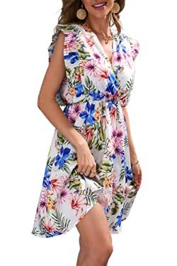 ANEWISH Damen Sommerkleider Blumenkleider V-Ausschnitt Bedrucktes Kleid Freizeitkleid Elegant Strandkleider Minirock Weiß M von ANEWISH