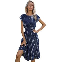 Sommerkleid Damen Polka Dots Faltenrock Kurzarm A Linie Kleid Damen Elegant Freizeitkleid Strandkleid Tunikakleid knielanges Kleid mit Gürtel Navy Blau M von ANEWISH