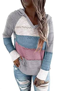 ANFTFH 2023 Sweatshirt Frauen Langarm-Striped Color Block Kordelzug Hoodie-Kleid-Bluse Pullover Ausgehöhlt Kapuzenpullover Pink/Blau XXL von ANFTFH