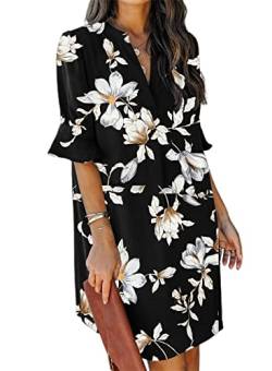 ANFTFH Damen Strandkleid Boho Tunika Sommerkleid V-Ausschnitt Blumenkleid Loose T-Shirt Kleid Floral Tunikakleider Schwarze Blume XXL von ANFTFH