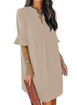 ANFTFH Damen V-Ausschnitt Kurzarm Sommer Mini Kleid Atmungsaktiv Weiche Haut-freundliche und Bequeme Tunika Kleid Beige XL von ANFTFH