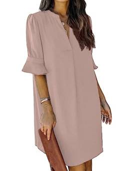 ANFTFH Einfache Einfarbige Lose Rüschen Kurzarm V-Ausschnitt Mini Sommer Kleid Shift Kleid für Frauen Grau Rosa L von ANFTFH