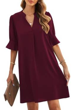 ANFTFH Frauen Rüschen Kurzarm V-Ausschnitt Gerade Casual Elegant Einfarbig Einfaches Kleid Rotwein L von ANFTFH