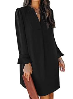 ANFTFH Frauen V-Ausschnitt Halbarm Hemdkleid Elegant Casual Einfarbig Kleid Midikleid Freizeitkleider Mode Dress Schwarz L von ANFTFH