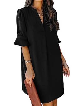 ANFTFH Frauen V-Ausschnitt Halbarm Hemdkleid Elegant Sommer Casual Einfarbig Kurzes Kleid Schwarz L von ANFTFH