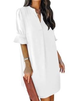 ANFTFH Frauen V-Ausschnitt Halbarm Hemdkleid Elegant Sommer Casual Einfarbig Kurzes Kleid Weiß XXL von ANFTFH