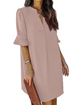 ANFTFH Kleid Damen Sommer Atmungsaktive V-Ausschnitt Rüschen Kurzarm Midi Slim Kleid Grau Rosa M von ANFTFH