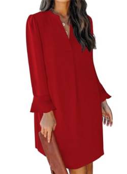 ANFTFH Kleid Damen Winter Herbst Langarm V-Ausschnitt Minikleid für Damen, Winterkleid Elegant Gerade Röhrenkleid Pulloverkleid Damen weihnachtskleider Damen Rot L von ANFTFH