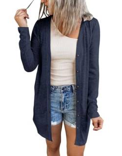 ANFTFH Langarm Leichter Cardigan Damen Lang Dünne Jacke Einfarbig Strickjacke mit Knöpfen Navy Blau L von ANFTFH